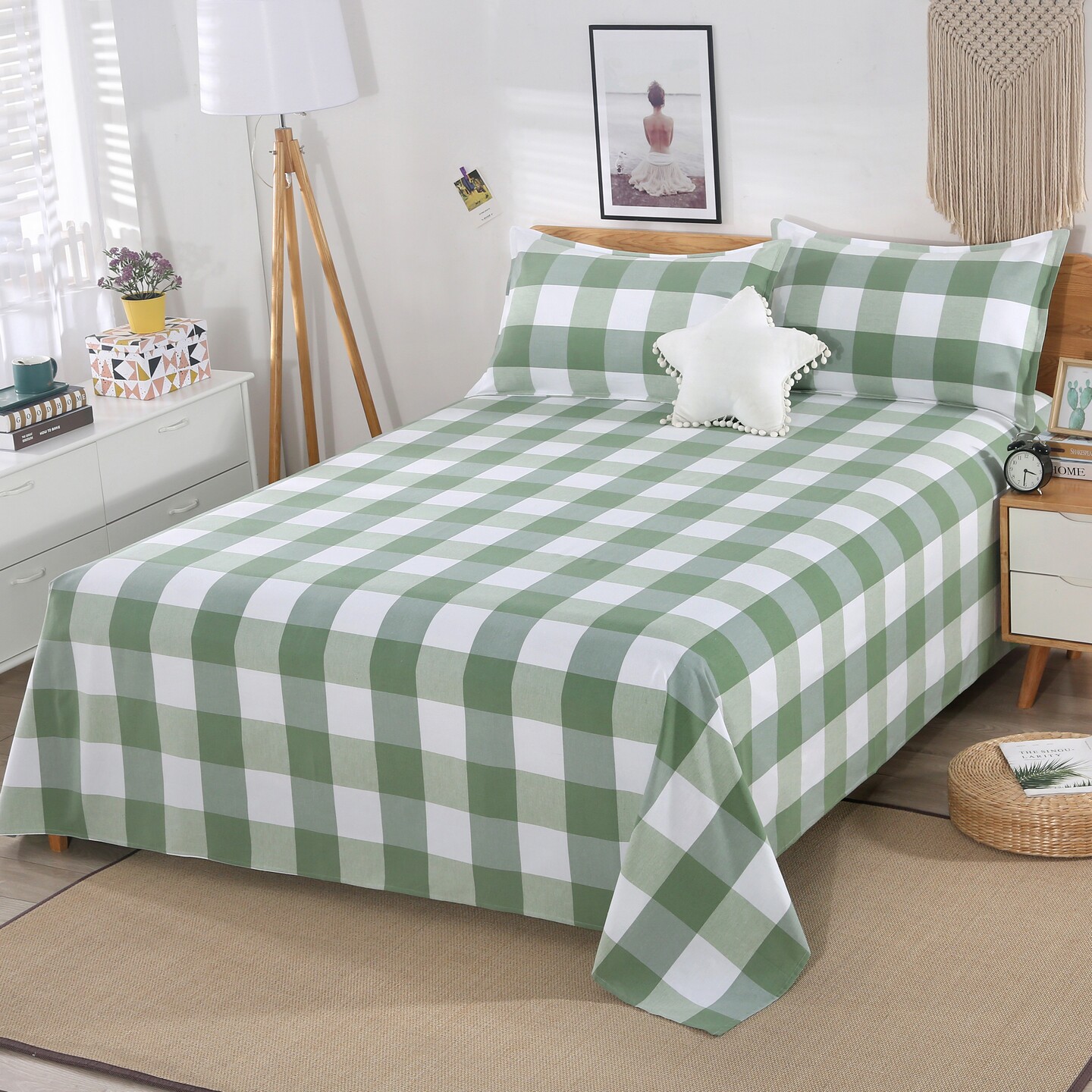 学生三件套山东正宗老粗布大格子床单被套单人学生宿舍单人床套件