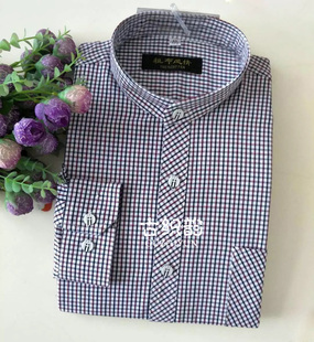 包邮 休闲格子棉布衬衣男装 纯棉老粗布立领衬衫 春秋新款