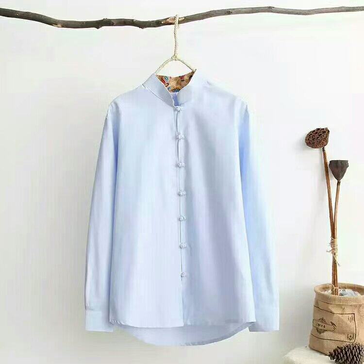 NEW CHINESE TANG SHIRT MENS LONG SLEEVE COLOR-BLOCKED TOP HANDMADE CLOTH BUTTONS CHINESE STYLE MENS SOLID COLOR CASUAL