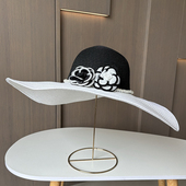 欧美复古黑白拼接圆顶大沿草帽女士出游拍照遮阳帽夏季 海边沙滩帽