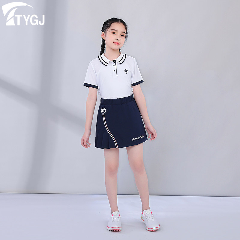高尔夫球女童儿童短袖POLOT恤衫运动速干荷叶边翻领纯色上衣服装
