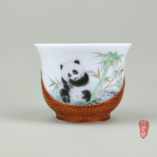 竹柒阁四川竹丝扣瓷熊猫竹编小茶杯主人杯家用陶瓷品茗杯功夫茶具