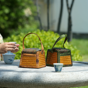 中式手工竹编包小茶具杯套家用旅行茶事收纳包香云纱包便携茶杯笼