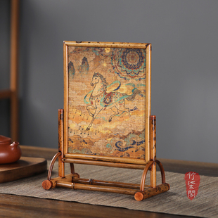 梅鹿竹小屏风竹丝竹编桌面摆件中式插屏茶室隔断陈设布景国风装饰