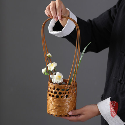 竹编花器手工编织镂空小花篮复古插花水培花瓶手提花艺篮子摆件
