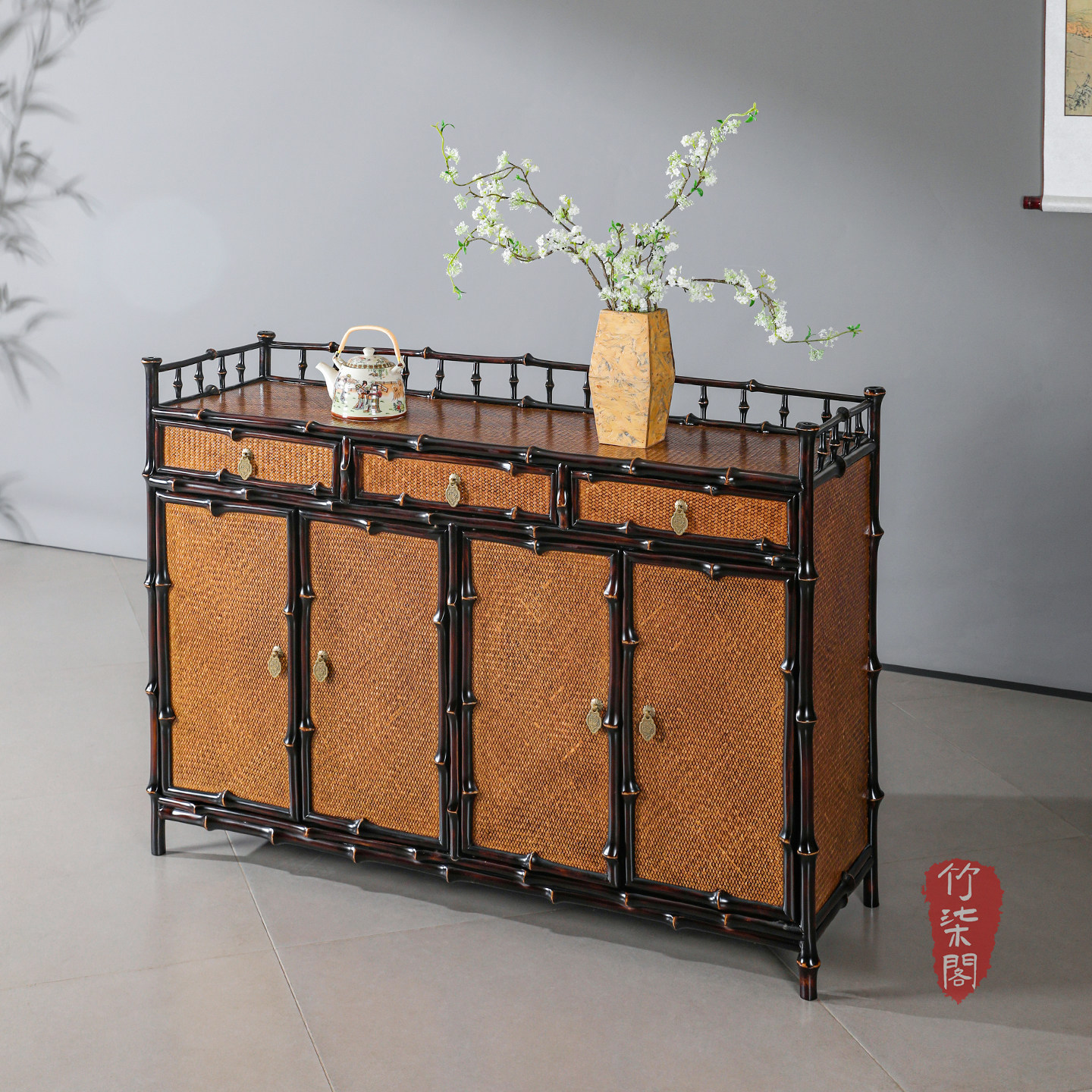 筇竹茶柜靠墙置物柜竹编边柜中式储物柜餐边柜茶具收纳展示柜竹柜