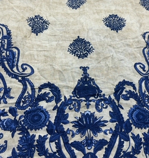 印花 3米苎麻棉布料麻本色底藏蓝色数码