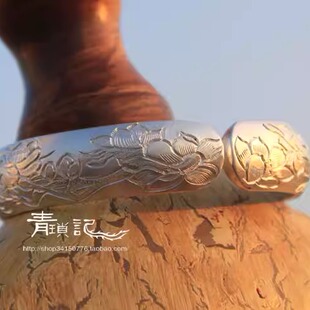 青琐记 纯手工999足银满雕玉兰花纯银手镯女定制 送妈妈 三寸天堂