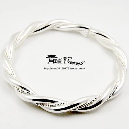 青琐记 纯手工999足银绞丝开口实心银手镯定制 婵娟