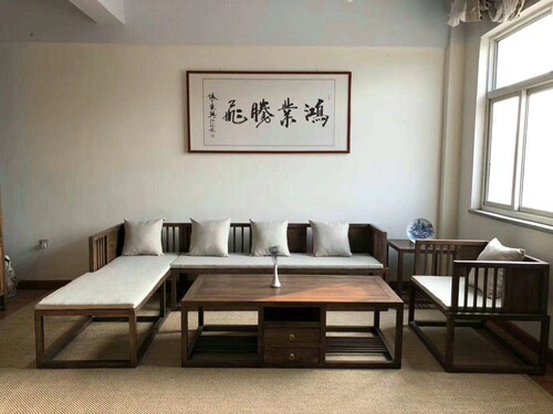 现代新中式实木客厅转角贵妃L型组合禅意黑胡桃木色免漆沙发直销