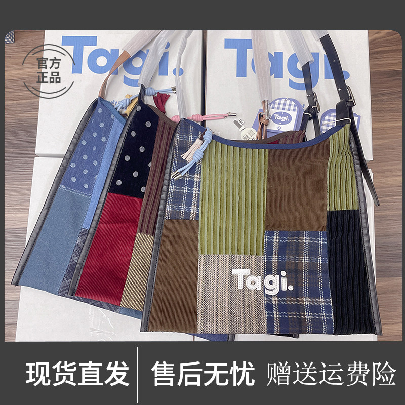 Tagi.新款灯芯绒拼接休闲撞色手提单肩包牛仔大容量复古女斜挎包图片