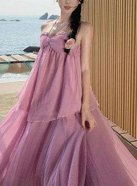 挂脖套装裙女可盐可甜套装夏季两件套紫色吊带+半身飘逸大摆裙子