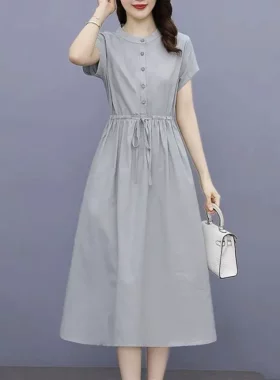 潮唯品会特卖特价处理断码短袖棉麻连衣裙女装品牌新款