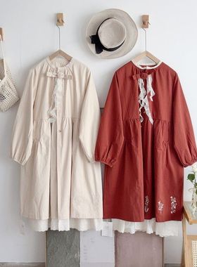 风衣 初见沫森日系绣花立体花朵中长款纯色棉布百搭外套JYX39810