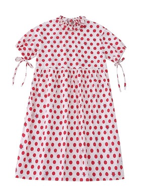 日系古着感小清新红色波点百褶花边领宽松连衣裙小众设计感多巴胺