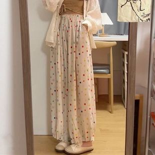 日系度假风棉麻晕染彩色波点含内衬宽松休闲裤 女 防蚊裤 灯笼裤