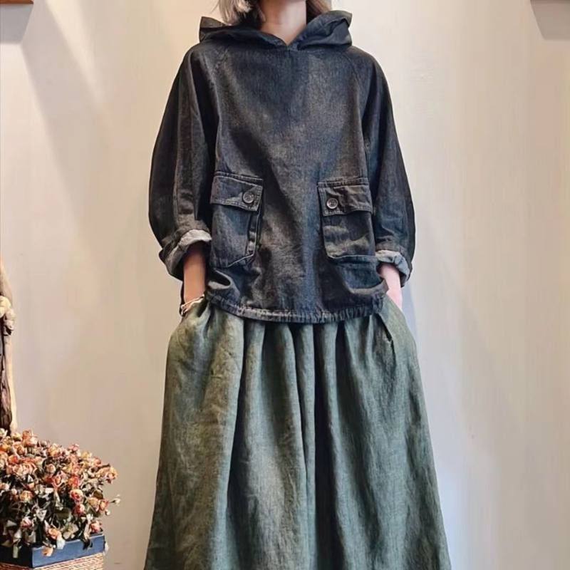 带帽牛仔卫衣女新款日系复古设计感大口袋休闲百搭套头外套女