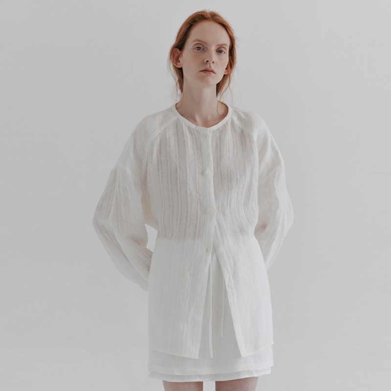 现货moia亚麻系带外搭衬衫2024夏季薄款圆领微透中长款防晒上衣女