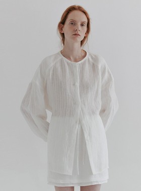 现货moia亚麻系带外搭衬衫2024夏季薄款圆领微透中长款防晒上衣女