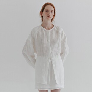 现货moia亚麻系带外搭衬衫2024夏季薄款圆领微透中长款防晒上衣女