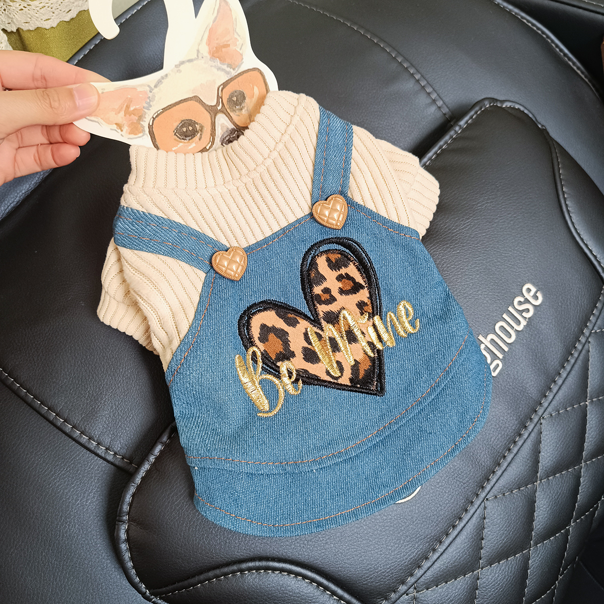 泡米酱豹纹心背带裙宠物衣服泰迪比熊猫咪秋季牛仔背带淑女公主裙