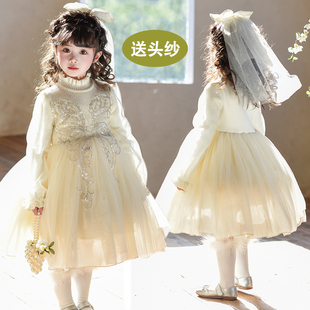 儿童高端轻奢演出服花童礼服连衣裙子 新款 送头纱 公主裙 女童冬装