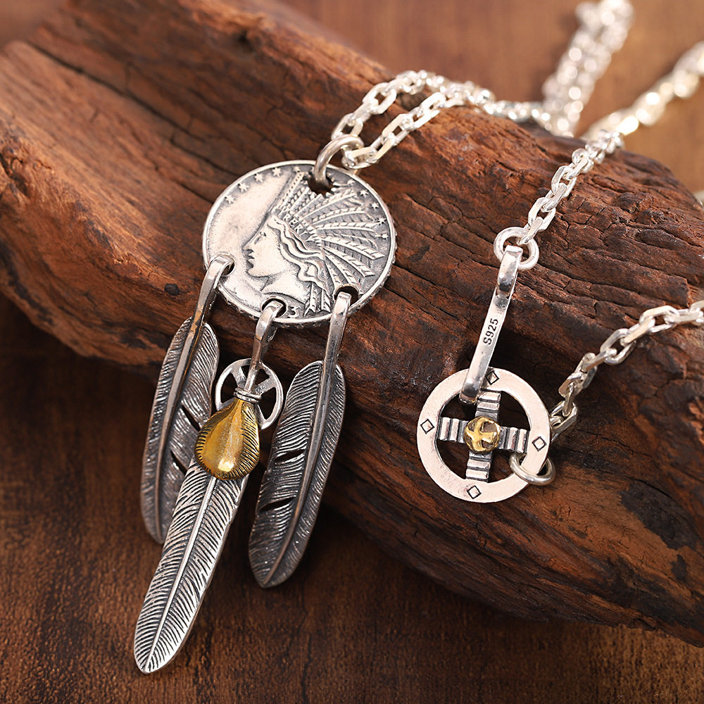s925纯银做旧泰银复古工艺印第安羽毛项链 时尚欧美男士个性百搭