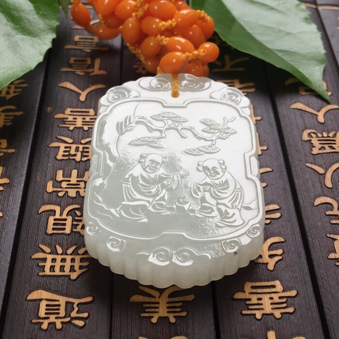 精品玉器 天然正品和田玉挂件 金童玉女白玉诗文牌玉佩 送证书