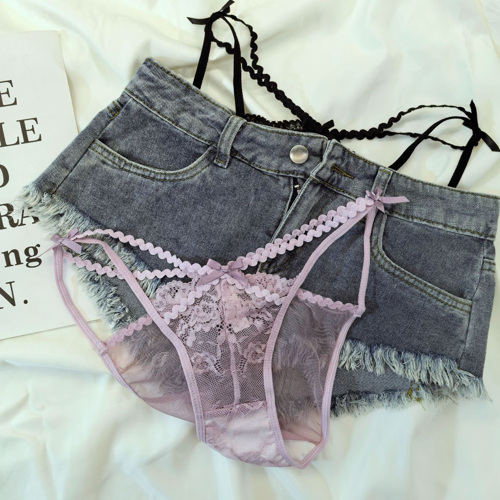 璇娟热辣辣妹纯欲蕾丝边蝴蝶结诱惑镂空细带女绑带禁欲棉三角内裤