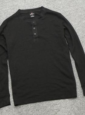 可可外贸 黑色美式亨利领长袖t恤男款春秋季华夫格卫衣内搭打底衫