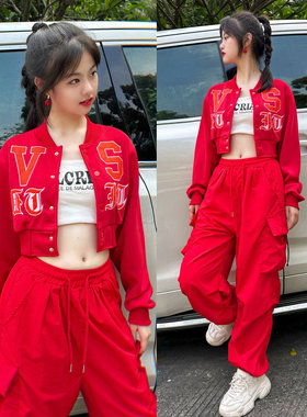 爵士跳舞穿搭秋冬kpop女团打歌服街舞短外套红色年会舞蹈队演出服