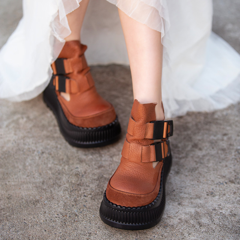 复古风双扣短靴女棕色厚底松糕跟增高马丁靴炸街短靴2026春季新款,女鞋,马丁靴,淘宝优惠券,粉丝福利购,淘宝优惠卷