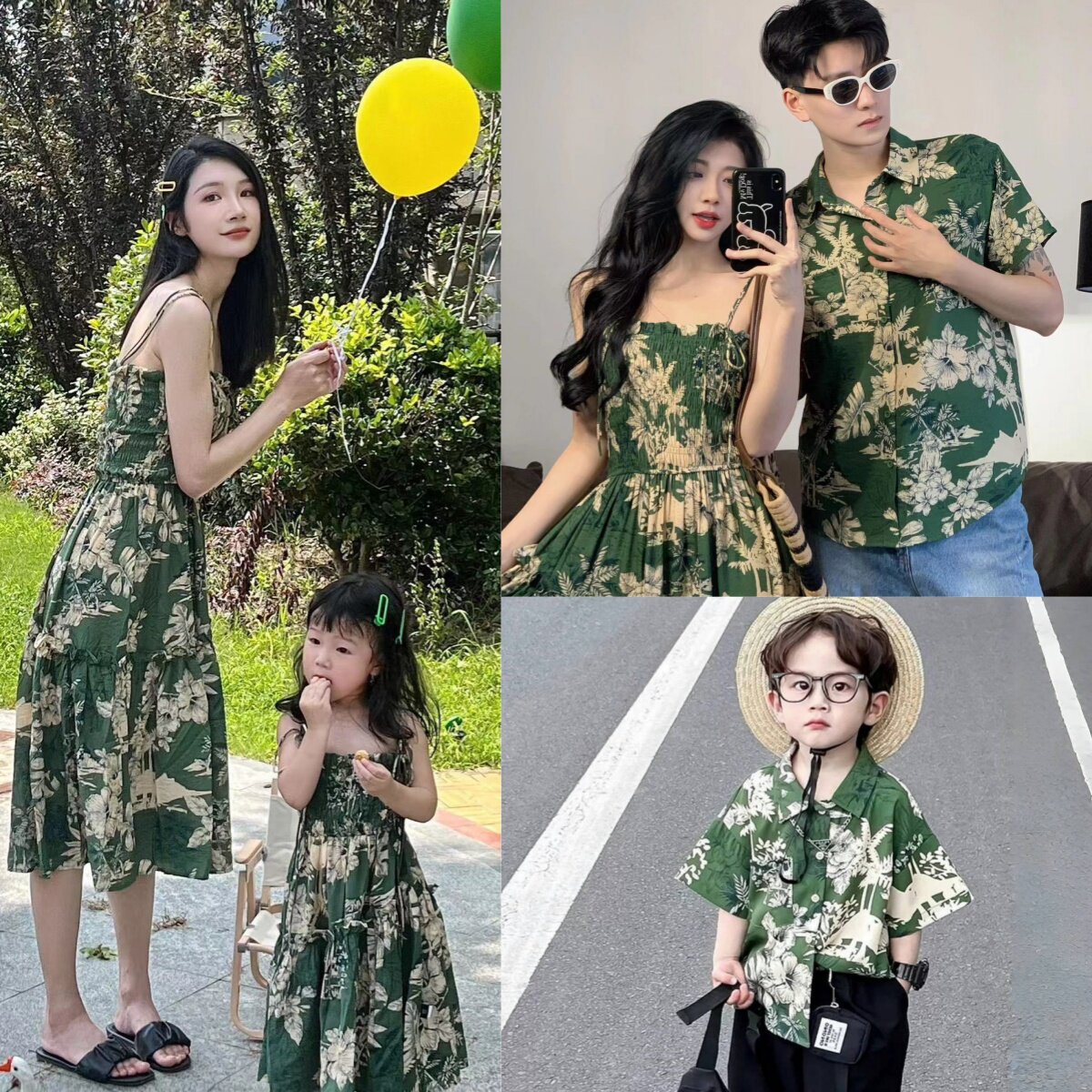 海边度假亲子装夏装衬衫一家三口港风短袖夏威夷雪纺母女沙滩裙潮