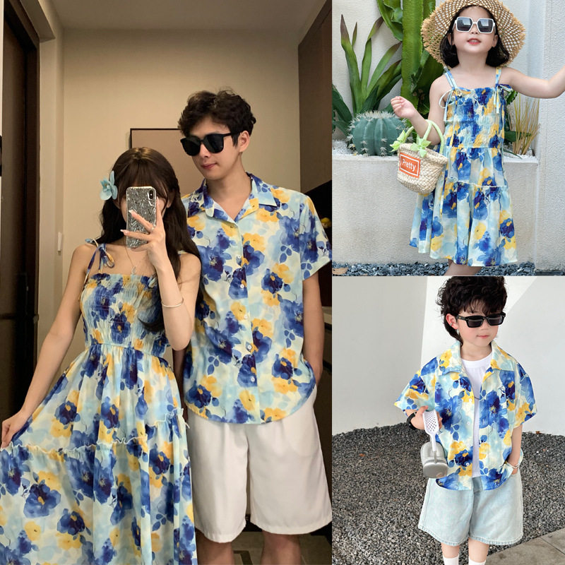 亲子装港风复古短袖衬衫女海边度假风衬衫小清新挂脖无袖背心连裙