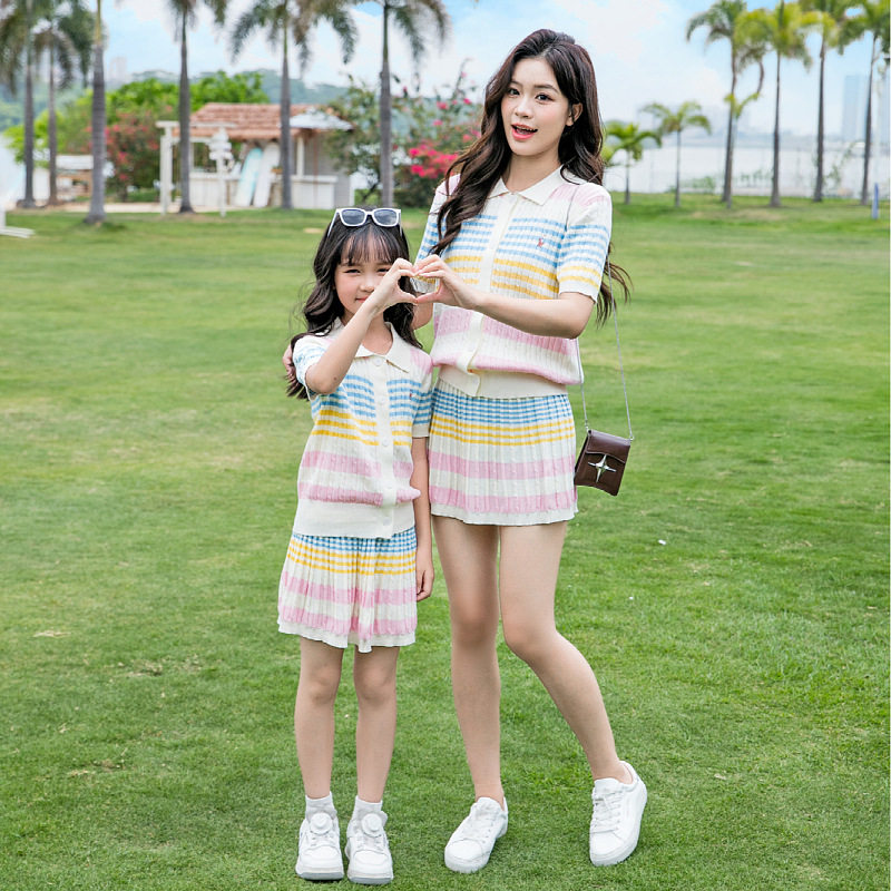 高级感夏季母女款冰激凌条纹短袖T恤套装儿童Polo领针织半身裙