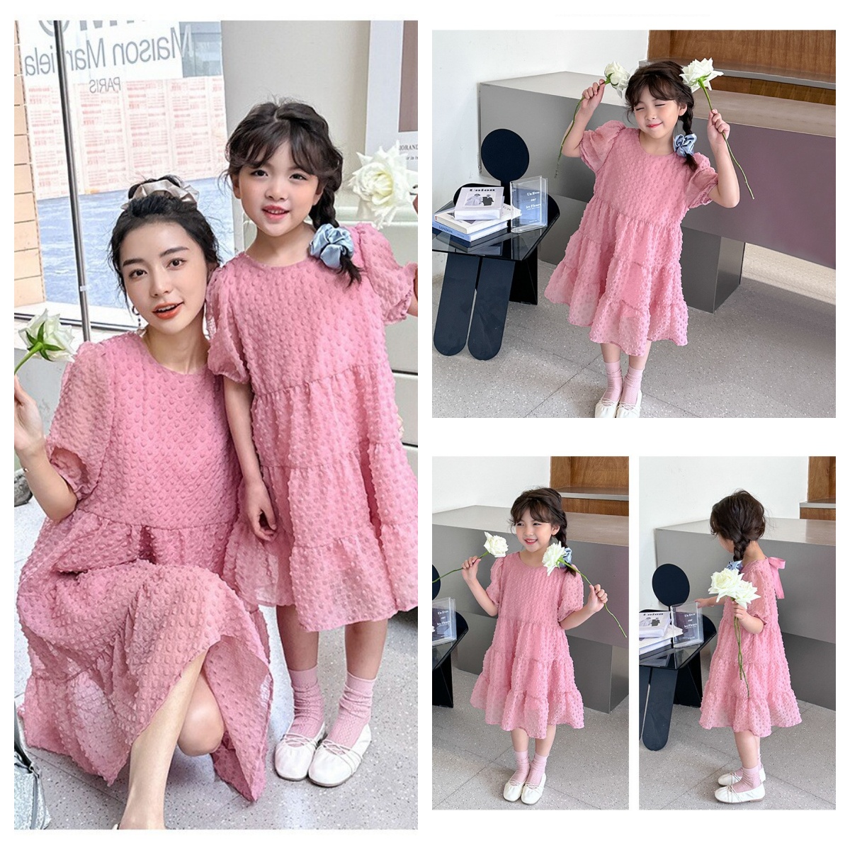 法式粉色连衣裙亲子装女夏2024新款宽松甜美泡泡袖母女装仙女裙子