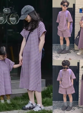 现货高端网红炸街亲子装夏装男童母女休闲短袖套装紫色条纹连衣裙