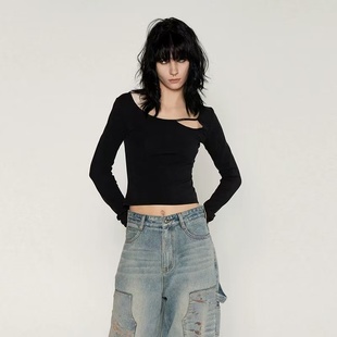 senseaweek 镂空金属装饰洗破长袖