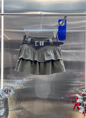 NKC.欧洲站小众BābyChìlling英伦风高腰短裙腰带荷叶边牛仔半裙