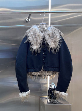 NKC.欧洲站小众羊毛卷双面短款翻领外套正反两穿毛绒系皮飞行夹克