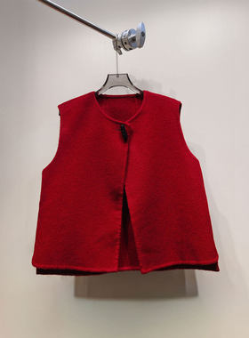 NKC.欧洲站小众HELMCH圆领双面羊绒无袖马甲镶钻polo领衬衫套装女