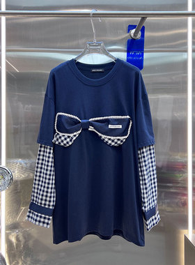 NKC.欧洲站小众BābyChìlling圆领假两件拼接上衣立体蝴蝶T恤女