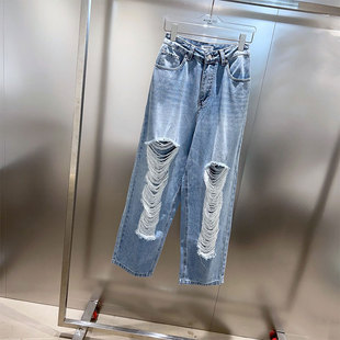 MSKIN6欧洲站小众美式水洗做旧宽松直筒裤时髦高腰破洞流苏牛仔裤