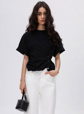 NKC.欧洲站小众FANLEONA收腰刺绣蕾丝短袖T恤设计感减龄百搭上衣