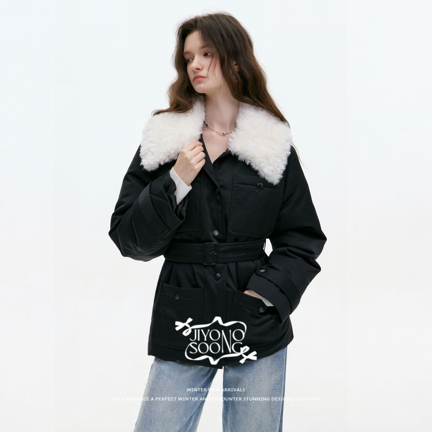 NKC.欧洲站小众JIYOOSOONG加绒加厚毛领派克服中长款白鸭绒外套女