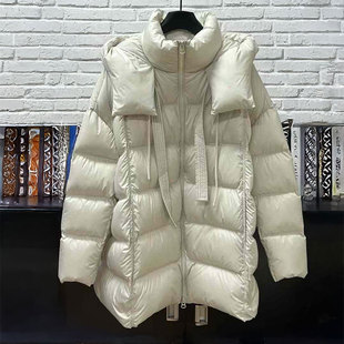 NKC.欧洲站小众英伦风深圳南油保暖中长款外套泡芙飘带连帽羽绒服