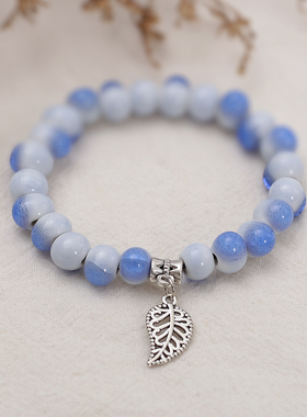 新款冰裂瓷珠手串文艺复古民族风小清新叶子木珠景德镇陶瓷手链