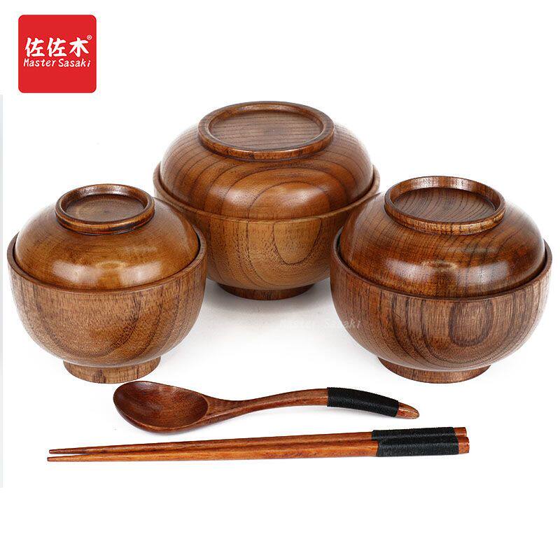 传统中式实木木头套碗儿童碗成人木碗带盖木碗泡面木碗家用餐具