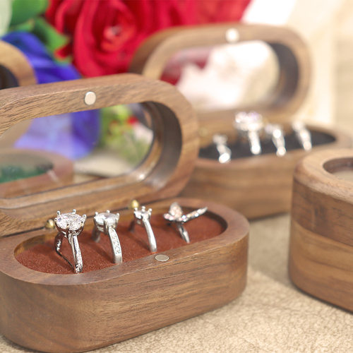 5色四槽开窗亚克力椭圆倒角黑胡桃对戒盒钻戒收纳包装礼品盒女