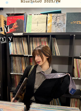 BlurIntoU【时髦书呆子】灰色竖条纹系带衬衫多种穿法韩女穿搭